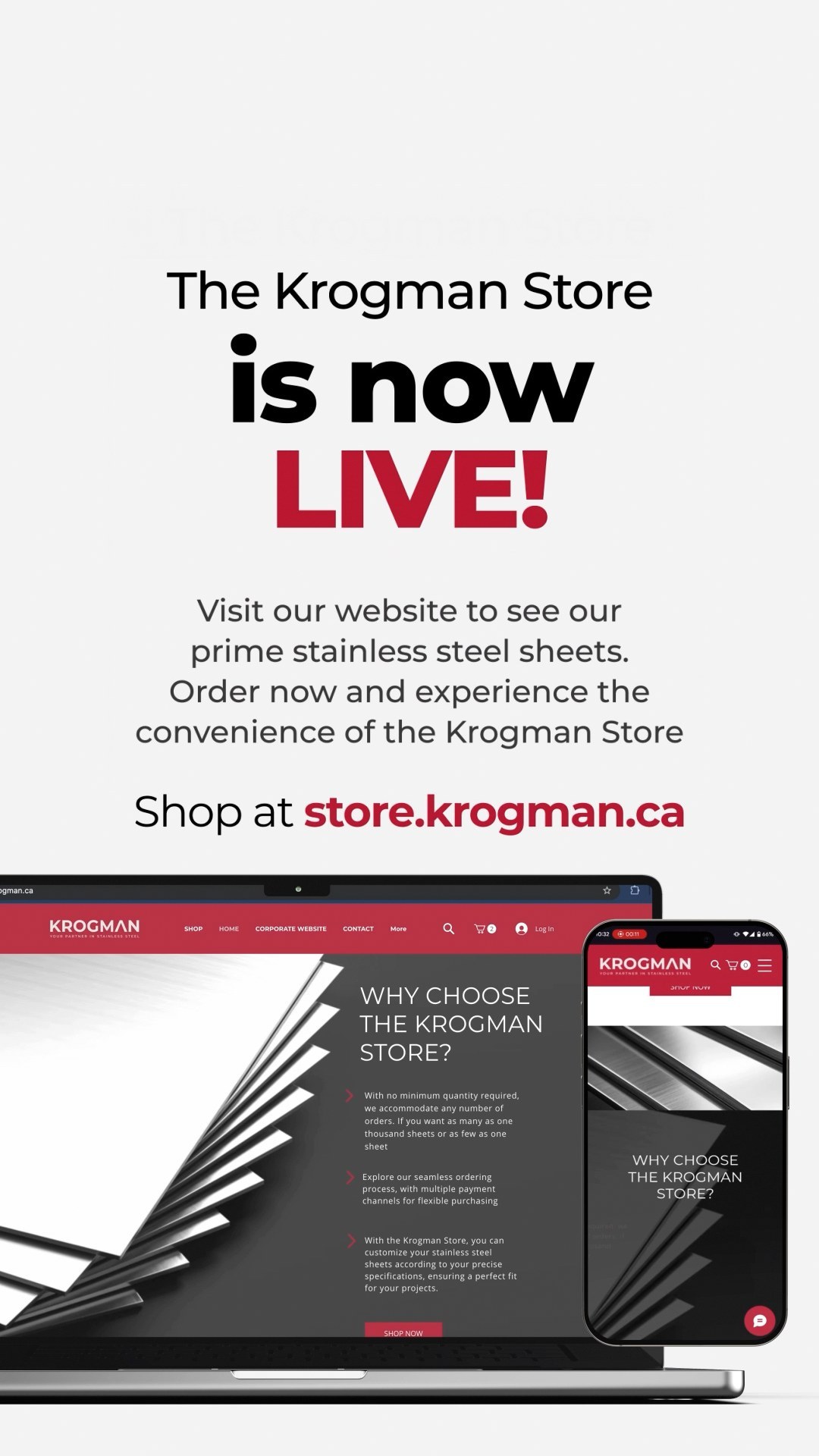 The Krogman Online Store is now LIVE!!!
Visit our website for our prime stainless steel sheets at store.krogman.ca
Order now and experience the convenience of the Krogman Store!
#KrogmanStore #Krogman #Canada #StainlessSteel #OnlineShopping