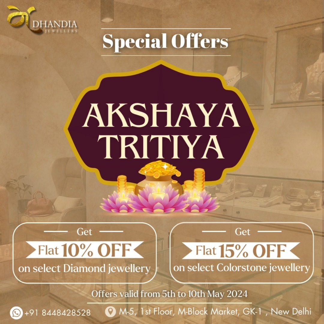 Welcome to Dhandia Jewellers for this Akshaya Tritiya!
Special, exciting offers on Diamond & Colorstone Jewellery this festive season from 5th to 10th May 2024.
We graciously invite you to our showroom in M Block Market, GK-1 and DM us to know more!
#akshayatritiya #jewelry #diamondjewelry #gemstone #gemstonejewelry #colorstonejewelry #diamonds #emeralds #dhandiajewellers