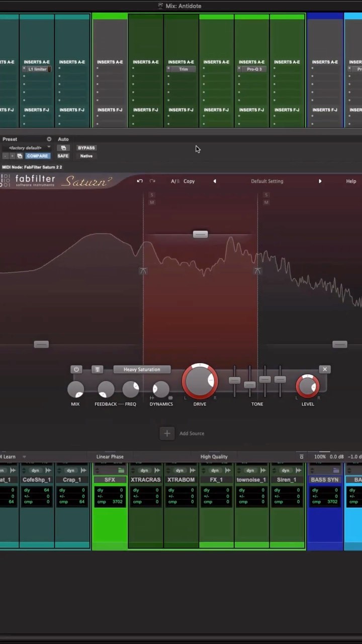 Damn I love @fabfilter_plugins Saturn2!! Running it in parallel for bass in a breakdown section, only targeting the mids with heavy saturation and the Dynamics control keeping the ‘slap’ transients super tight. Always love experimenting with saturation/distortion when that bit of character and grit is needed!