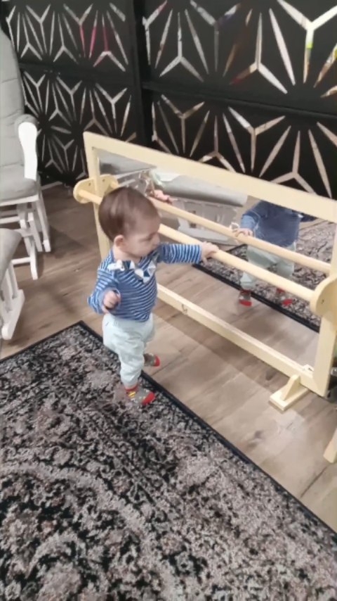 Our infants love the new balancing mirror we have in our classroom. This allows the little ones access to move around the classroom and helps build confidence to be able to do it on their own. 💪 Our little ones love making silly faces in the mirror and laughing at the expressions they see. They have been using their leg and core muscles to pick themselves up and try to maneuver their way over to the other side. ☺