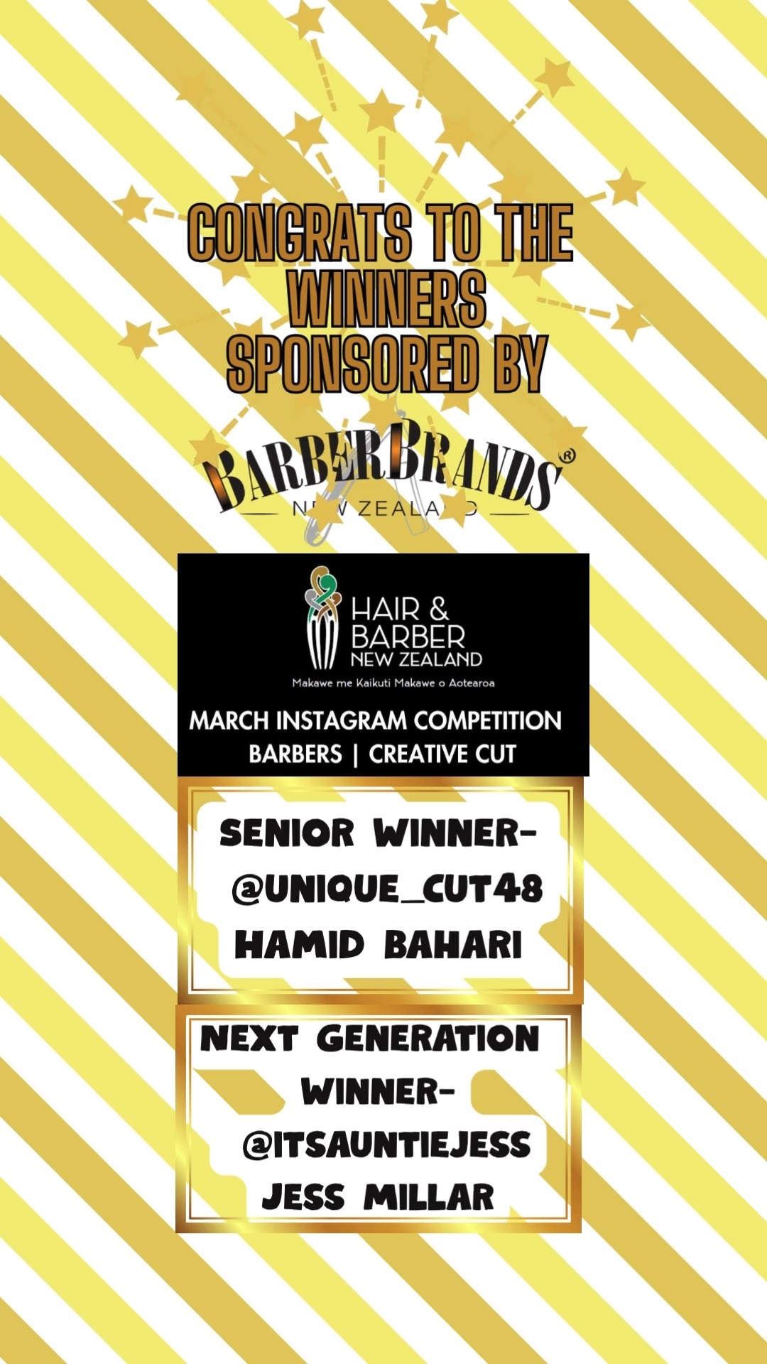 Delighted to sponsor the prizes for the winners of the Hair & Barber New Zealand - Makawe me Kaikuti Makawe o Aotearoa instagram competition for Creative Barber. The Senior winner was Hamid from Unique Cut 48 @unique_cut48 and the Next Generation winner was Jess from Mancraft Barbers @itsauntiejess Mancraft Barbers - well done!
#nzbarber #haircarenz #supportlocalnzbusiness #barberbrandsnewzealand #aucklandbarbers #rotorua #rotoruanewzealand #rotoruabarbers #rotoruabarber #newzealandbarbers #supportnzbusiness #supportnzbusiness #hairandbeautynz #barbernz #newzealandbarber #supportlocalbusinessnz #supportlocalnz #nzmensgrooming #mensgroomingnz