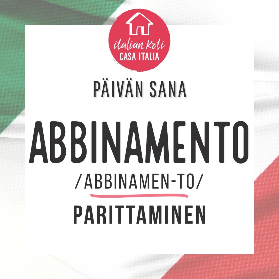 🍝🍷 Italian sana “abbinamento” tarkoittaa yhdistämistä tai parittamista tavalla, joka on harmoninen tai tarkoituksenmukainen. Sanaa voidaan käyttää kuvaamaan erilaisia yhdistelmiä:
1. Tuotteiden tai asioiden yhdistäminen: Esimerkiksi ruoan ja viinin yhdistäminen.
2. Kilpailuparien muodostaminen: Esimerkiksi urheilussa joukkueiden tai pelaajien yhdistäminen kilpailua varten.
3. Sponsorointi: Yritysten tai tuotemerkkien yhdistäminen urheilujoukkueisiin tai tapahtumiin sponsorisopimuksien kautta.
Etymologia:
Sana “abbinamento” juontuu italian sanasta “bino”, joka tarkoittaa ‘kaksinkertainen’ ja joka puolestaan tulee latinan sanasta “binus” (monikko “bini”), joka tarkoittaa ‘kahden kahden’. Tämä etymologinen tausta viittaa siihen, miten asiat yhdistetään pareittain tai ryhmittäin.
Esimerkkilauseita italiaksi:
1. L’abbinamento del vino con il cibo giusto può esaltare i sapori di entrambi.
• “Oikean viinin ja ruoan yhdistäminen voi korostaa molempien makuja.”
2. Gli abbinamenti per il torneo sono stati annunciati ieri.
• “Turnauksen otteluparit julkistettiin eilen.”
3. Un buon abbinamento tra azienda e sponsor può portare grandi benefici a entrambi.
• “Hyvä yhdistelmä yrityksen ja sponsorin välillä voi tuoda suuria etuja molemmille.”
#italia #päivänsana #paroladelgiorno #abbinamento #parittaminen #yhdistäminen