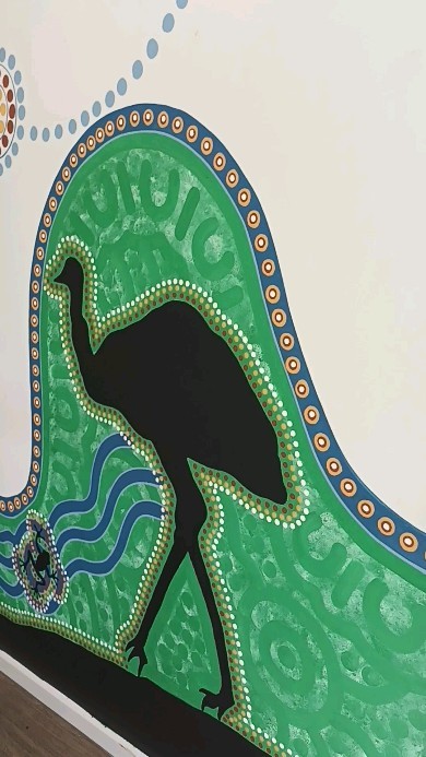 The interior junior level mural I was commissioned to paint at Active Kids Mount Gravatt. The cassowary stands alone and represents bravery. The emu represents Mother Earth. The kangaroo represents Father Kangaroo, known to protect and provide for their families. The dingo is known as the protector and guardian.