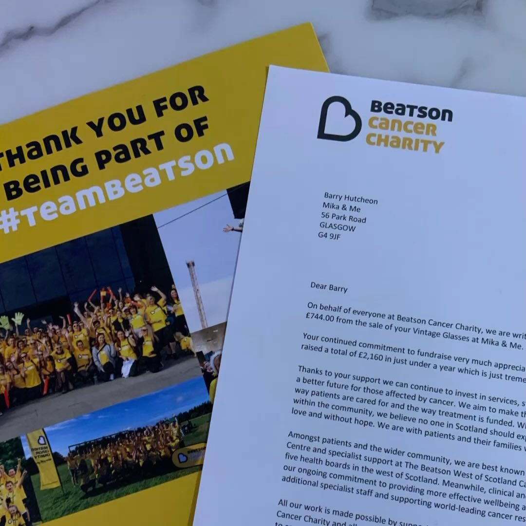 In 2023 MIKA & Me customers raised an astonishing £2160 for @beatsoncharity through our glasses recycling scheme. A huge thanks to friends & customers who donated old frames, as well as our amazing friends & customers who bought from the Beatson vintage section. The Beatson is very close to our hearts and we are so happy to support. So if you have old glasses doing nothing, please consider donating. MIKA & Me refurbish & recycle the frames and sell in our Beatson section, with all proceeds going to the Beatson Cancer Charity. Huge thanks again 🙏🙏 #beatsoncancercharity #grateful #mikaandme #beautifuleyes #glasses #sunglasses #vintageglasses #vintagesunglasses #glasgow #prescriptionglasses #community