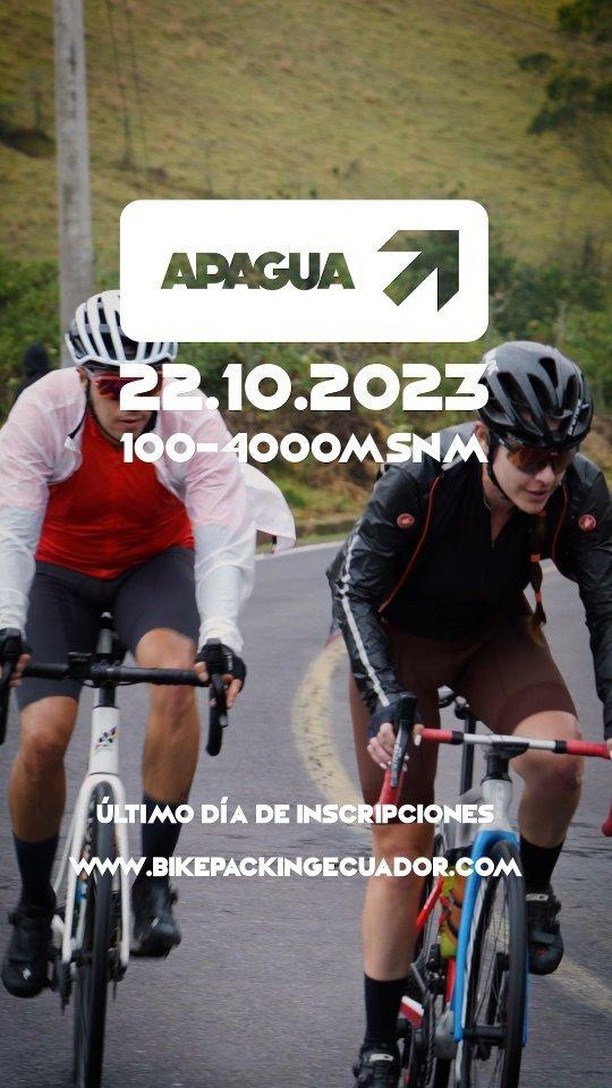 RETO ALTO DE APAGUA
70K, 3800m+, 9horas
Registro en www.bikepackingecuador.com
Inscripciones en @setecientos.cc $25