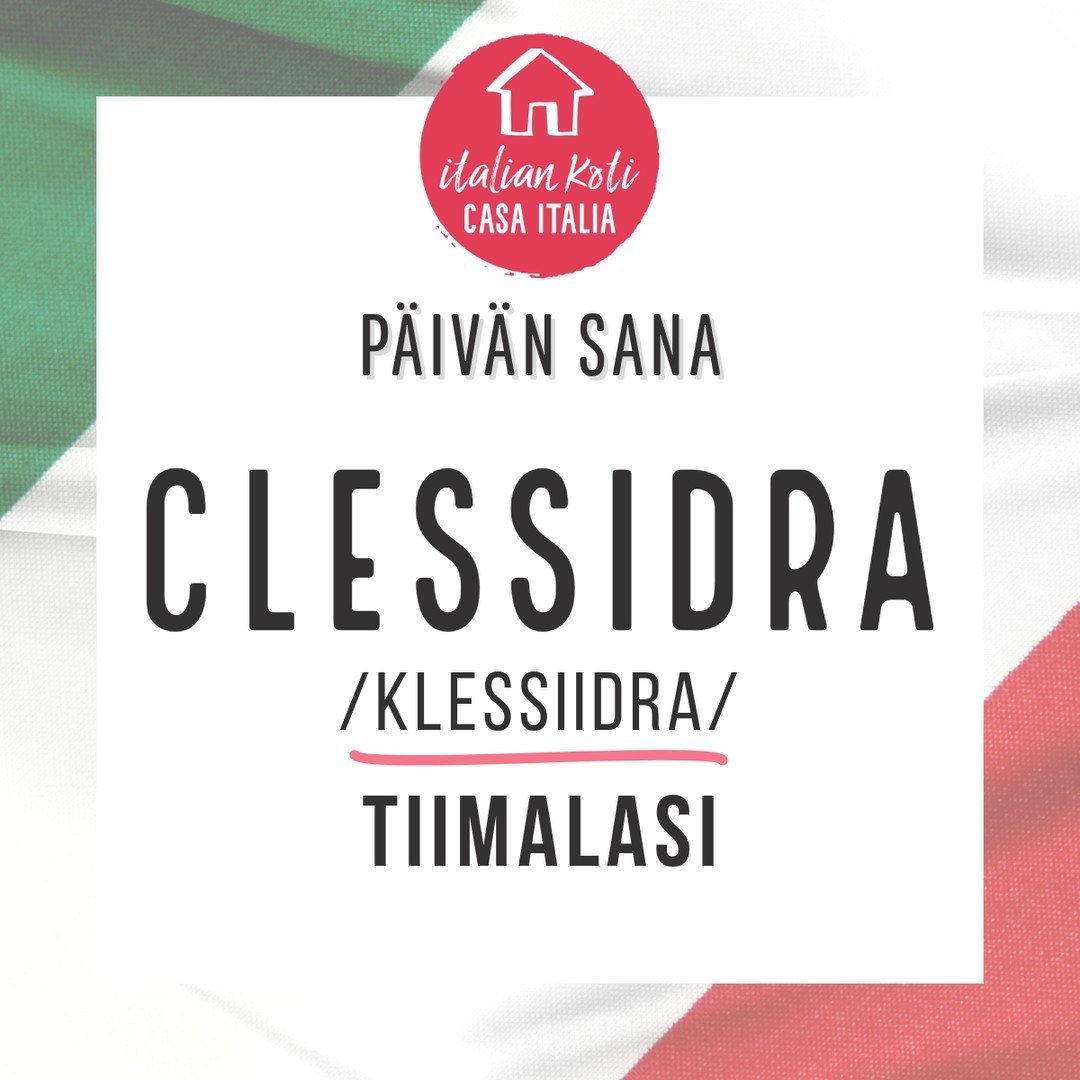 ⏳ Sana clessidra tarkoittaa tiimalasia, eli ajanmittausvälinettä, joka koostuu kahdesta lasisäiliöstä, jotka ovat yhdistetty kapealla aukolla. Yleensä säiliöissä on hiekkaa, joka valuu yläosasta alaosaan tietyssä ajassa, jolloin voidaan mitata ajan kulumista.
Etymologia
Sana clessidra on peräisin kreikan sanasta klepsýdra (κλεψύδρα), joka tarkoittaa “vesikelloa”.
• klépto (κλέπτω) = “varastaa”
• hýdor (ὕδωρ) = “vesi”
Alkuperäinen kreikkalainen klepsýdra oli ajanmittausväline, jossa vesi virtasi säiliöstä toiseen. Myöhemmin hiekkatiimalasit kehittyivät samaan tarkoitukseen, mutta säilyttivät sanan alkuperäisen muodon, vaikka vesi vaihtui hiekkaan.
Sana kulkeutui italiankieleen ranskan kautta (clepsydre) ja latinan clepsydra-muodosta.
Erilaiset käyttötavat ja merkitykset
1. Ajan mittaaminen:
Clessidra tarkoittaa perinteistä tiimalasia, jota käytetään esimerkiksi peleissä, ruoanlaitossa tai historiallisissa yhteyksissä.
• Esim. “Abbiamo usato una clessidra per calcolare il tempo della gara.” → “Käytimme tiimalasia kilpailun ajan mittaamiseen.”
2. Symbolinen merkitys – ajan kuluminen ja katoavaisuus:
Tiimalasia käytetään usein elämän ja ajan rajallisuuden symbolina.
• Esim. “La clessidra della vita scorre per tutti.” → “Elämän tiimalasi valuu kaikille.”
3. Teknisissä ja tieteellisissä sovelluksissa:
Joissain yhteyksissä clessidra voi viitata myös tietokoneen latauskuvakkeeseen, joka muistuttaa tiimalasia.
• Esim. “Il computer ha mostrato la clessidra per diversi secondi.” → “Tietokone näytti tiimalasia useiden sekuntien ajan.”
#italia #päiväsana #paroladelgiorno #clessidra #tiimalasi