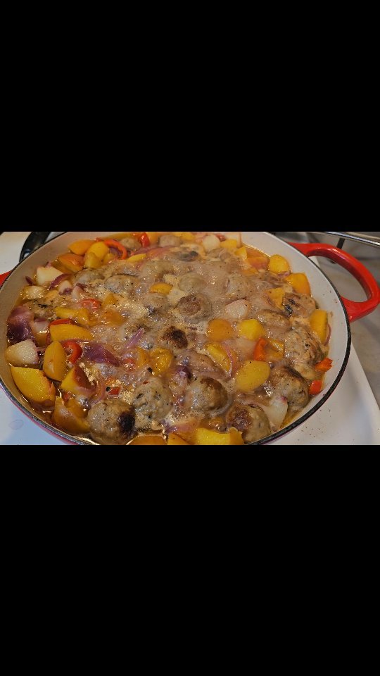 Chicken Pineapple Terriyaki Meatballs with Peaches, Nectarines, Garlic, Onion, and Mint. Dinner!!