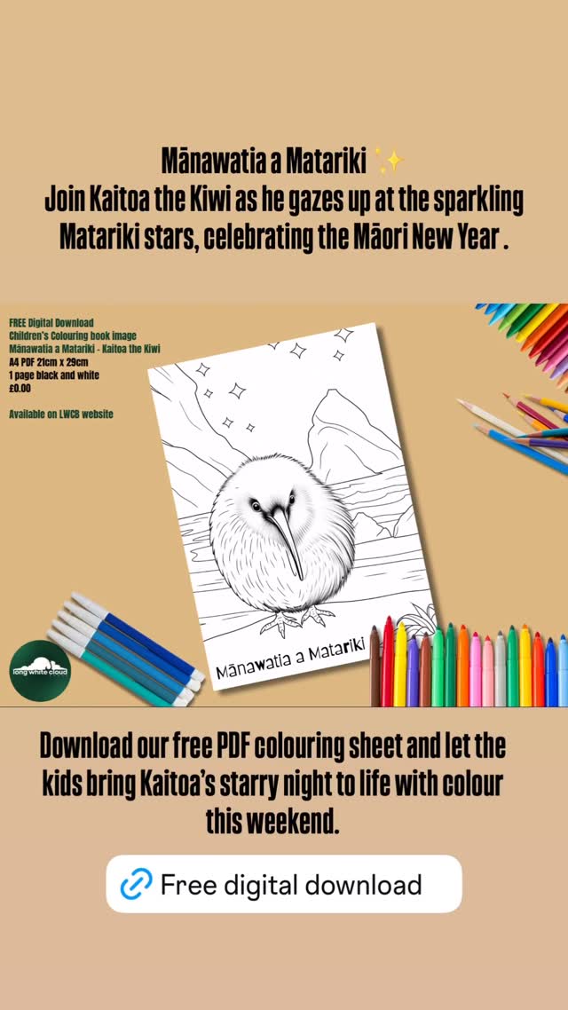 Mānawatia a Matariki ✨
Join Kaitoa the Kiwi as he gazes up at the sparkling Matariki stars, celebrating the Māori New Year with wonder and joy.
This special time marks new beginnings, reflection, and connection — a perfect moment to share with your little ones.
Download our free PDF colouring sheet and let the kids bring Kaitoa’s starry night to life with colour this weekend.
📥 Download here: https://www.longwhitecloudbooks.com/digital-download-colouring-pages
#MānawatiaAMatariki #Matariki2025 #FreeDownload #ColouringForKids #KaitoaTheKiwi #MāoriNewYear #MatarikiCelebration #LongWhiteCloudBooks #NZMade #WhānauTime #KidsActivitiesNZ #longwhitecloudbooks