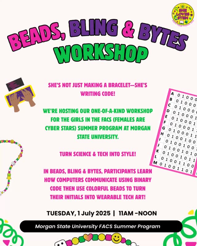 💜🩷💚💛
She’s not just making a bracelet…she’s writing code!
We’re excited to host our 60-minute, one-of-a-kind girl-powered workshop where girls turn science & tech into style! In Beads, Bling and Byte the girls will learn how computers communicate using binary code, then use colorful beads to turn their initials into wearable tech art! 🎨📿
#shelovesbinarycode #shelovesstem #sheisSTEM #MSUFACS#MSUFACSSummerProgram #shecanSTEM #shelovesscience #shelovestech #BeadsBling #BeadsBinary #BeadsBytes #GirlsInSTEM