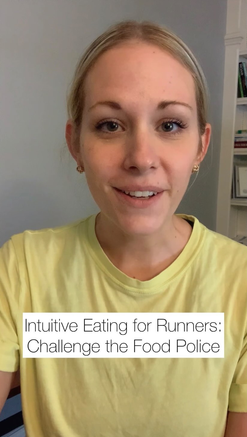 New on the blog www.therunnersdietitian.com
The 4th principle of intuitive eating is: Challenge the Food Police.
The Food Police isn’t an external source of authority though, it’s actually an internal source of negativity.
There are a lot of external factors that can encourage the food police though. Social media is a great example of this! If you’re constantly exposed to influencers who are promoting strict diets or fat-burning supplements, this can trigger your own thoughts to become negative towards food.
The Food Police can be rigid food rules you’ve set for yourself, like strict tracking macros or avoiding certain foods because they’re “unhealthy”.
Challenging these thoughts is an important step for you as a runner because it’ll allow you to start seeing food as something that will HELP you reach your goals, rather than hold you back from your goals.
And you know I have to say it every time. Most runners aren’t eating enough!
Food rules and restrictions only make sufficient fueling more difficult. This is why we’re doing this series on Intuitive Eating.
So this week, focus on these two things:
1. Question the food rules you have for yourself. How are they serving you and your runs? Are they holding you back from eating enough and ultimately causing you to feel exhausted, irritable, and burn out?
2. Give yourself unconditional permission to eat ALL foods and enough of them to support your level of training 🏃♀️
How are you guys enjoying this little series? Comment below and let me know what’s resonated with you so far!