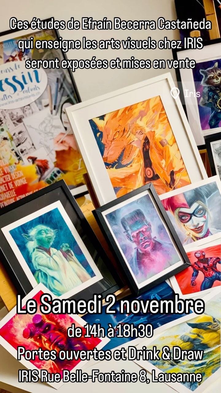 Les études de Efraín Becerra Castañeda seront exposées et mises en vente lors des portes ouvertes de IRIS Arts Visuels le samedi 2 novembre de 14h à 18h30. Ces études servent d’exemples aux techniques qu’il enseigne durant ses cours. Venez nous voir : https://www.facebook.com/share/n9Np9ThAkJGP3cqy/?mibextid=9l3rBW