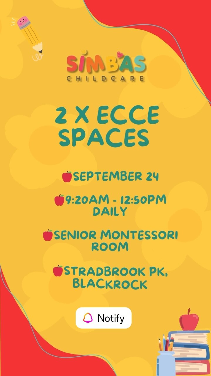We have 2 spaces left in our Senior Montessori room for Simbas Stradbrook, starting this September.
Our little learners love our Montessori classrooms where they learn new practical life skills every day! It’s the best environment for pre school children.
Email hello@simbas.ie for more information.
#ecce #simbaschildcare #montessorieducation #blackrock