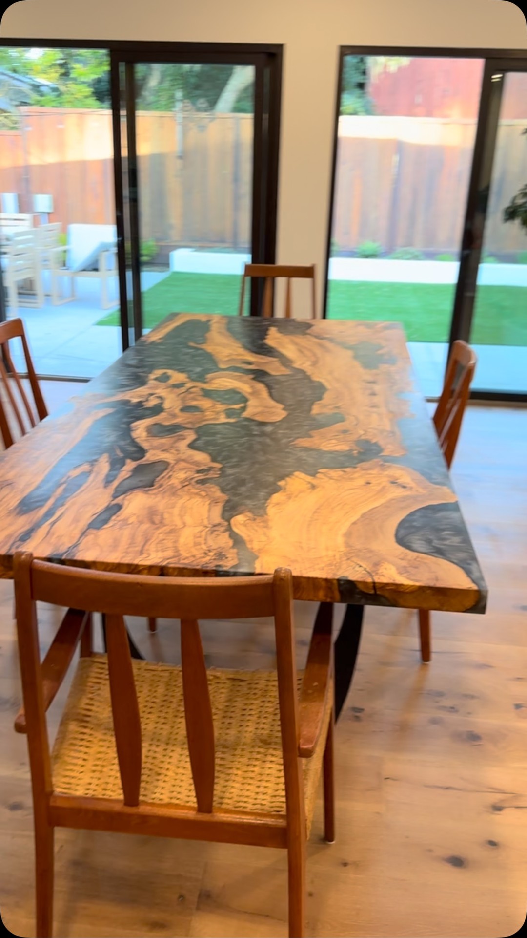 Live edge olive, epoxy resin matching table and benches. Custom commissioned order delivered in January 2025.