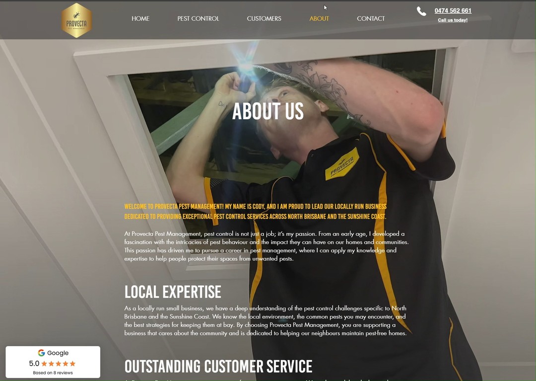 Over the last few weeks I have been working on a new small business website for Cody at @provecta_pest_management and he's already racking up the business and reviews.
Adding reviews to your site shows potential clients that you are authentic and good at what you do!
He created the site himself but needed some help refining it, adding SEO and transitions. We're so happy with the end result and wish Cody all the best in his new venture.
#pestcontrol #pestcontrolcompany #pestcontrolprofessionals #websitedesign #websitelaunch #websitebuilder #websitetraffic #websitedesigner #websitedevelopment #websitedeveloper #websitedesigning