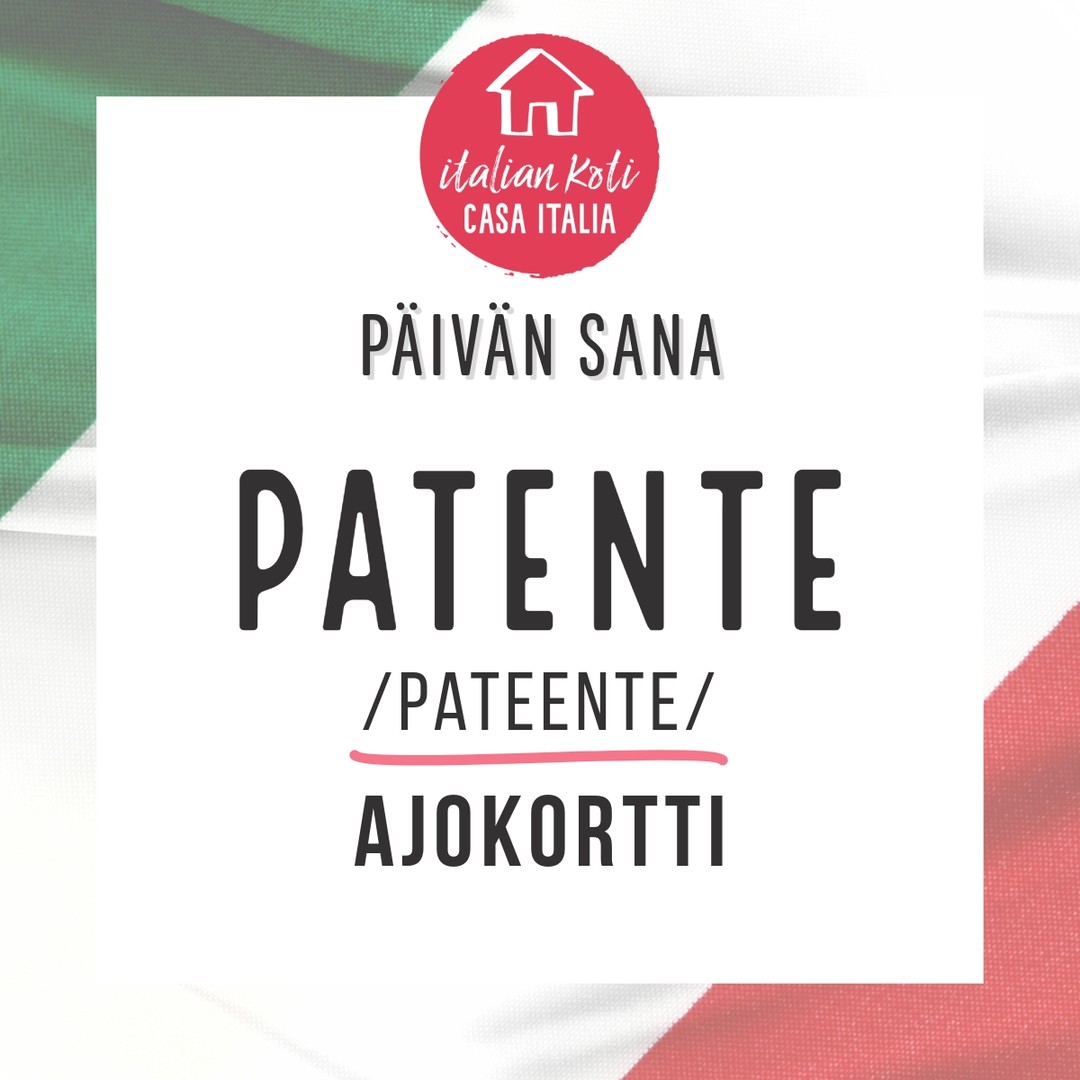 🪪 Sana: patente
Sanaluokka: substantiivi, feminiini
Monikko: patenti
⸻
🧠 Etymologia
Tulee latinan sanasta patens, partisiipista verbistä patere = olla avoinna, sallia, olla ilmeinen.
Latinaksi “litterae patentes” tarkoitti avoimia kirjeitä, eli asiakirjoja, jotka antoivat kantajalleen jonkin virallisen luvan tai oikeuden.
→ Tästä merkitys “lupa”, “todistus” kehittyi.
⸻
📌 Merkitykset suomeksi
1. Ajokortti
→ Asiakirja, joka todistaa, että henkilöllä on oikeus ajaa tietynlaista ajoneuvoa.
2. Lupa tai virallinen todistus
→ Yleisesti asiakirja, joka antaa kantajalleen oikeuden tehdä jotain (esim. lääkärin pätevyystodistus, patentti).
3. (Harvinaisempi) keksinnön suoja – patentti
→ Tieteellisessä tai teknisessä kontekstissa patente voi tarkoittaa myös patenttia, mutta tähän käytetään usein erikseen sanaa brevetto.
⸻
🗣️ Esimerkkilauseita
• Ho preso la patente a diciotto anni.
→ Sain ajokortin 18-vuotiaana.
• Senza patente non puoi guidare.
→ Ilman ajokorttia et voi ajaa.
• Per fare il medico serve una patente speciale.
→ Lääkärin työhön tarvitaan erityinen lupa/todistus.
• La sua invenzione ha ottenuto una patente internazionale.
→ Hänen keksintönsä sai kansainvälisen patentin.
#italia #päivänsana #paroladelgiorno #patente #ajokortti