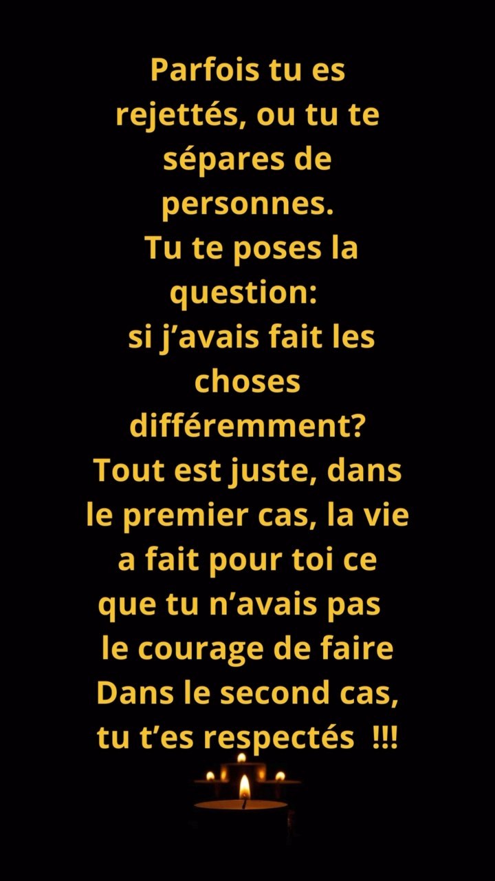 Lorsque tu entreprends une démarche de développement personnel, tu commences à voir les choses qui t’arrive avec un autre point de vue. Ton regard change et surtout l’interprétation que tu as des événements que tu vis.
La vie t’amène ce dont tu as besoin pour grandir et t’enlève ce qui ne te sert plus, ne t’accroche pas aux gens même si tu les aimes, laisse les partir en leurs souhaitant le meilleur.
Ne refait pas l’histoire, si tu as réagit ou agit d’une certaine manière tu ne pouvais pas faire autrement sur l’instant alors pardonne toi , donne toi de la bienveillance et de l’amour et accepte la situation !
Fais confiance à la vie, elle sait ce qui est bon pour toi !!!
Le meilleur t’attend !!!!🙏✨🥰
#affirmations #affirmation #affirmationdujour #phrase #phrasedujour #développementpersonnel #changer #changersavie #rejet #perte #regret #regrets #soindesoi #accepter #faireconfianceenlavie #amour #amourdesoi❤️ #bienveillance #respect #respectdesoi