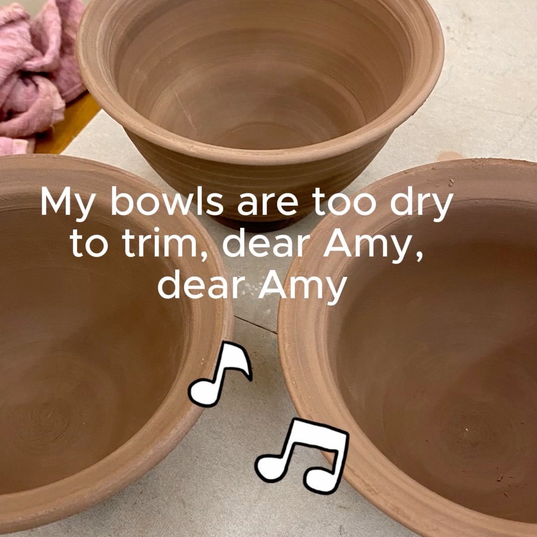 I left my bowls too long before trimming a foot ring ... thankfully Amy came to the rescue!