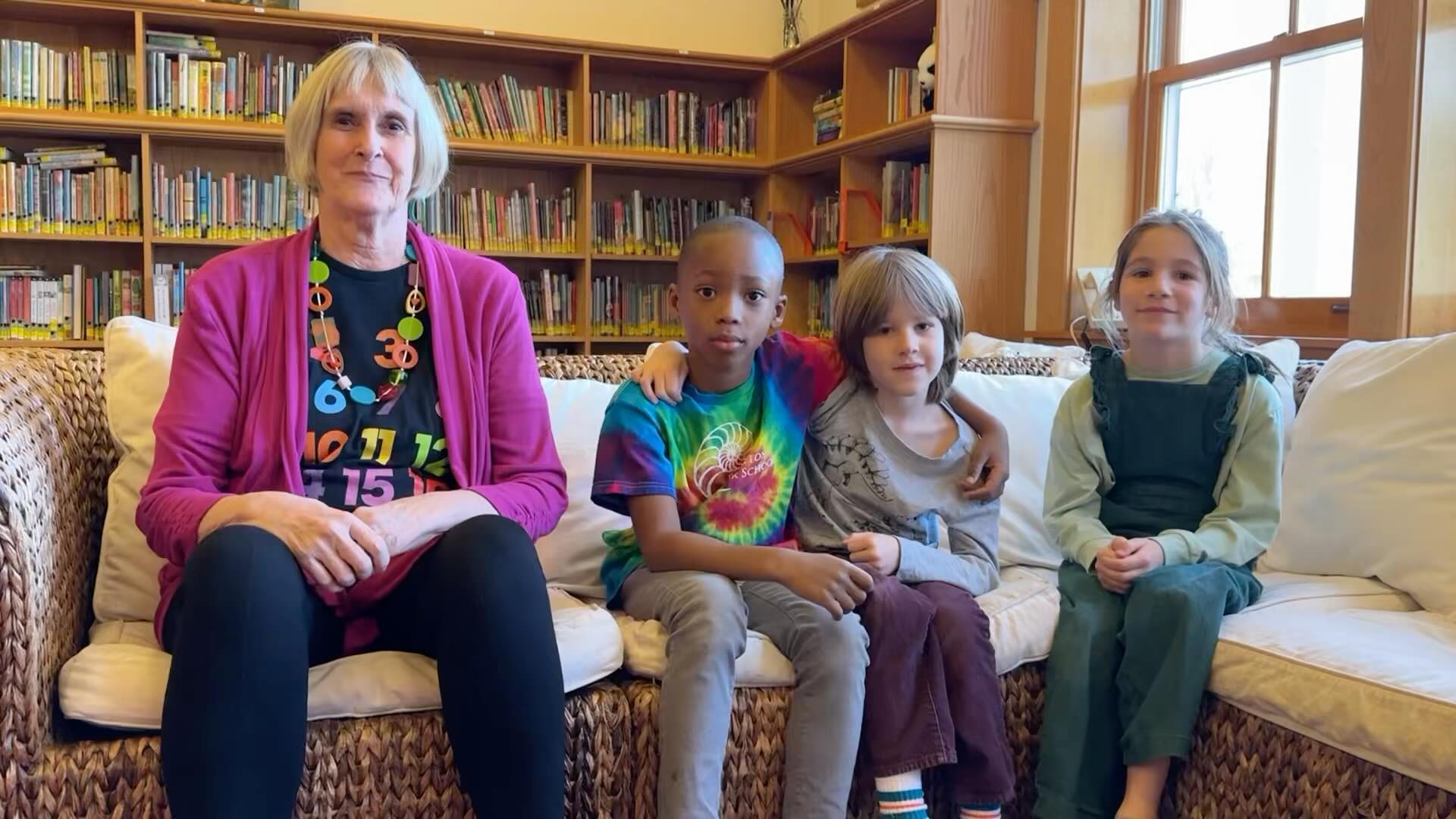 Margery Cuyler talking about her next book, Addy McBean, Numbers Queen with three second graders.