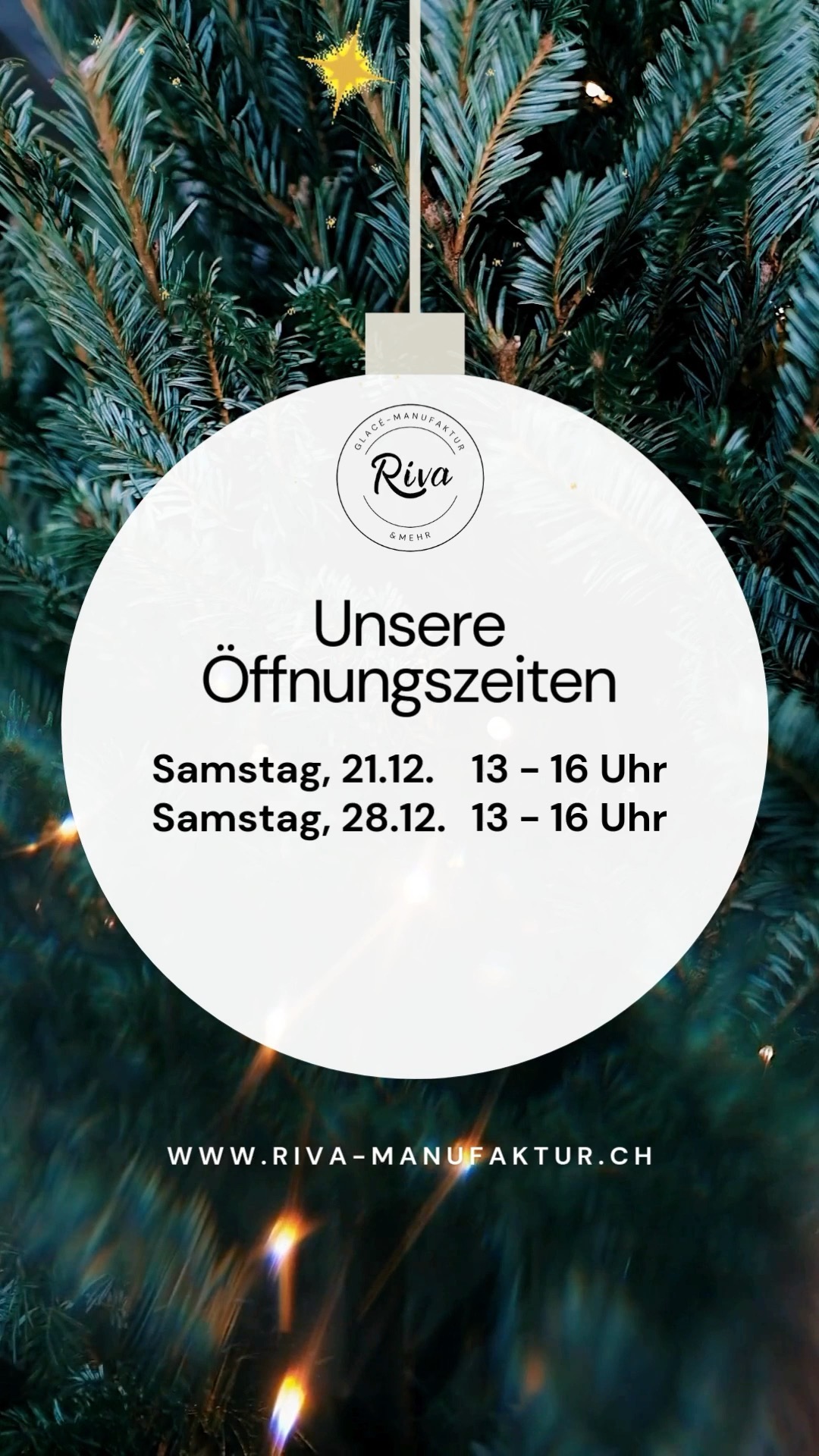 Das Jahr neigt sich dem Ende zu – Zeit, dir von Herzen für deine Treue zu danken! 💛 Nutze die letzte Chance im 2024! 🍨 Am 21. und 28. Dezember öffnen wir von 13 bis 16 Uhr die Türen unserer Manufaktur. Komm vorbei, entdecke feine Sorten und gönn dir ein süsses Highlight zum Jahresabschluss. 🎉 Bis bald! Wir freuen uns auf deinen Besuch.
#RivaManufaktur #Öffnungszeiten #FroheFesttage