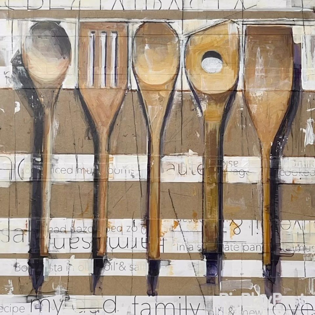 Spoons, ©Annie Salness, 16”x16”x1.5”, mixed-media, framed, available. This is part of my Kitchen Tools and Recipe’s 2024 Calendar.
The best part about collaborating with someone is how I am invited into a particular story or memory associated with the subject of the painting. This series is no different! Olivia, mother of 3, graciously offered me this recipe and its story. She told me she used a wooden spoon for “Special Pasta.”
“This is a recipe my dad made up, and our entire family, old & new, loves it! We do it for everyone’s birthdays and usually once a week. We call it Special Pasta.”
-Olivia Carter, www.momwhatsnext.com/portland
Olivia is the founder of “Mom What’s Next,” a community-driven resource used by families to help them get out of the house and into their neighborhood! Please give her a follow, especially if you have small children in your family. @momwhatsnextpdx
Thank you, Olivia, for letting me into this special story and memory!
To order this individual painting or to purchase the 2024 calendar (desktop or wall-size, which comes with the recipe!), visit the link in my bio or visit me during the Open Studios on October 21st or 22nd from 10 am - 5 pm. @washcoopenstudios