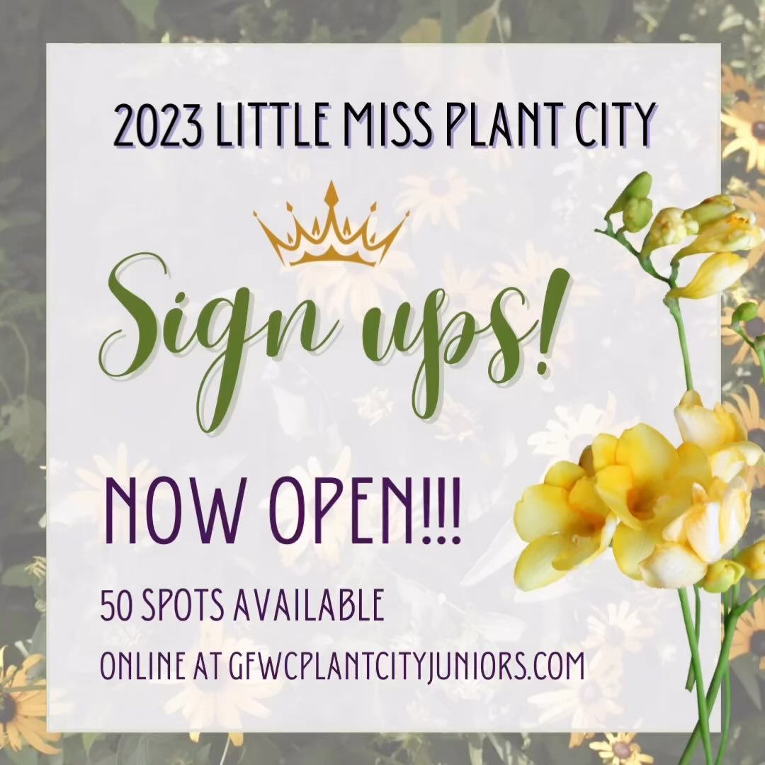Sign ups for the 2023 Little Miss Plant City contest NOW OPEN! Applications are ONLINE ONLY again this year. Spots are limited to 50, so don’t wait! The contest will be held 5/6/23. Head to gfwcplantcityjuniors.com and @plantcitylmpc for more information. Link in bio. #gfwcplantcityjuniors #lmpc #littlemissplantcity #plantcity