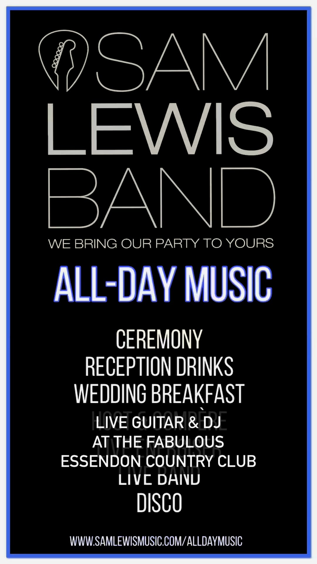 My GuitarDJ package features live guitar by day and a disco by night… plus host / compére duties of course - thank you Essendon Country Club for inviting me along to your open day - #EssendonCountryClubWeddingMusic #EssendonCountryClubWeddingBand #EssendonCountryClubPartyMusic #EssendonCountryClubPartyBand #EssendonCountryClubWeddingSupplier #EssendonWeddingMusic #EssendonWeddingBand #EssendonWeddingDJ #HatfieldWeddingMusic #HatfieldWeddingBand #HertsWeddingMusic #HertsWeddingBand #HertsWeddingDJ #HertsWeddingEntertainment #SamLewisWeddingAndPartyBandEssendonCountryClub #EssendonCountryClubSamLewisBand #HertfordshireWeddingBand #HertfordshireWeddingMusic #MillingBarnWeddingBand #RedcoatsWeddingBand #LatimerHouseWeddingBand #ShortmeadWeddingBand #SheeneMillWeddingBand #MillFarmWeddingBand #FanhamsHallWeddingBand