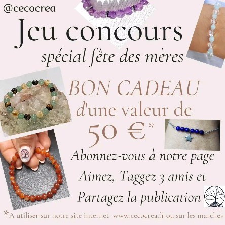✨️ Jeux concours ✨️
Dernier jour pour participer !
Bon cadeau d'une valeur de 50 euros à utiliser sur mon site internet www.cecocrea.fr
Ou sur mon stand lors de foire ou marché 😊
Comment faire ?
- Likez ma publication
- Partagez en story
- Tagger 3 personnes
- Abonnez-vous à ma page
Visitez notre site internet
www.cecocrea.fr
#cecocrea
#cecocreabijoux06
#jeuxconcours
#fetesdesmeres
#bracelet
#alpesmaritimes06
#marché
#foire
#Cadeau