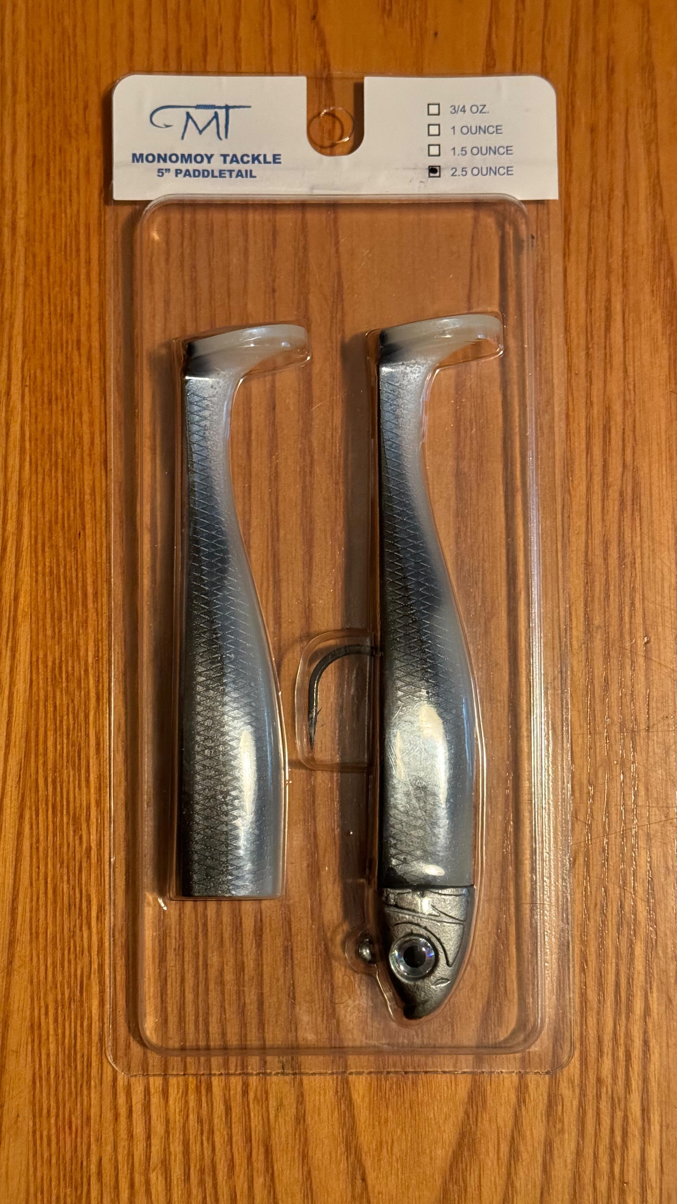 5” Paddletails available on the website now. Zinc alloy jigheads, two stage poured tails, hook guide pocket in the tail. 4 sizes ranging from 3/4 ounce to 2.5 ounce. Six tail colors. www.monomoytackle.com