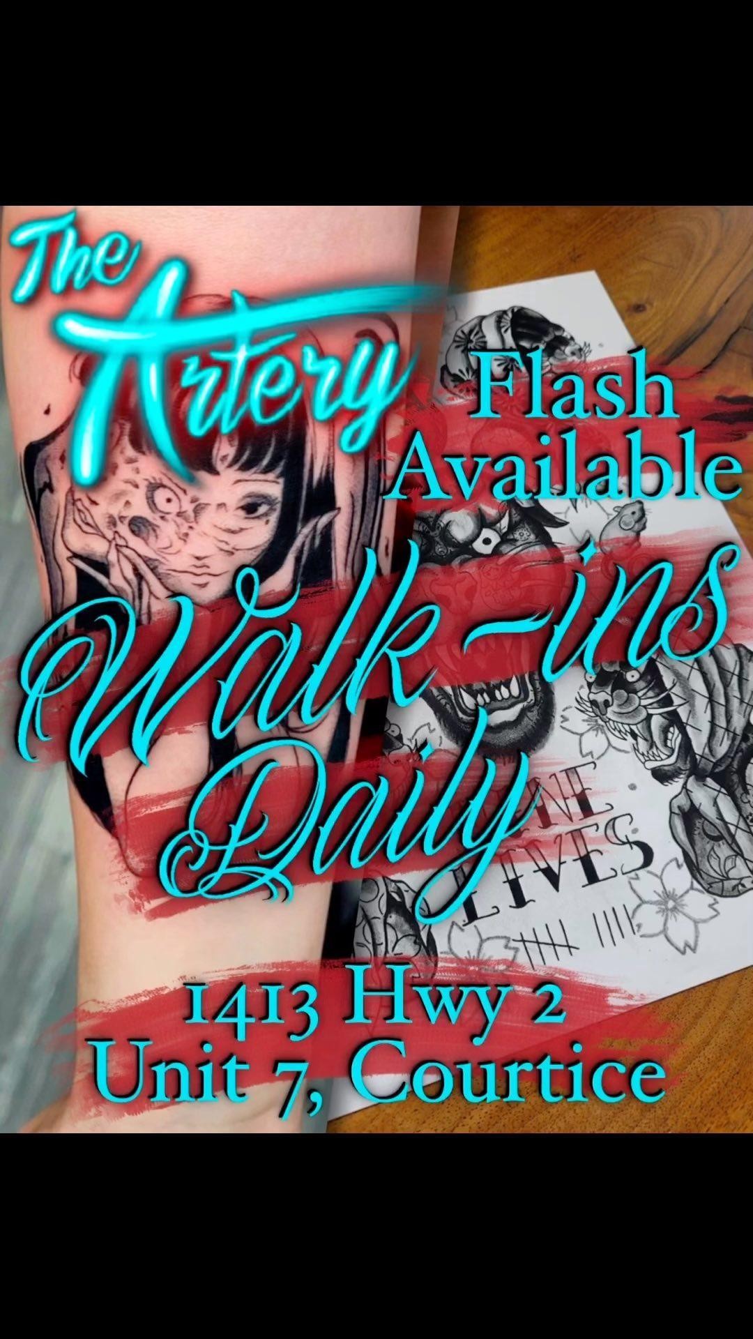 The Artery strives to keep time available for walk-ins every day! Clean, custom, creative tattooing by appointment or on a walk-in basis where available, near Townline on the south side of Highway 2.
#walkins #tattoos #walkintattoos #available #customtattooing #originalflash #flashtattoos #flashdesigns #courtice #clarington #oshawa #durhamregion #clarington