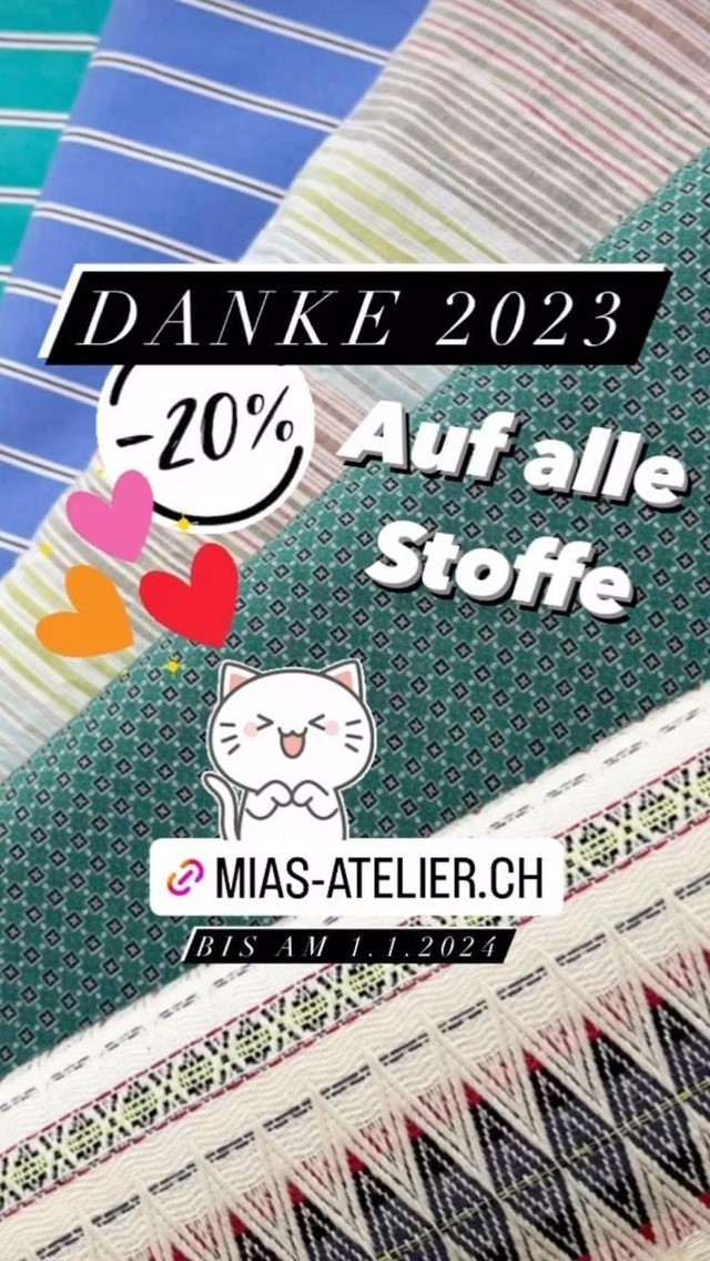 www.mias-atelier.ch
********
Entdecke bei Mia’s Atelier tolle Stoffe für deine nächsten Nähideen. Wir achten bei unserer Auswahl auf Nachhaltigkeit und Qualität. Wir versuchen keine überschüssigen Lagerstoffe zu generieren und halten so den Kreislauf klein und kompakt.