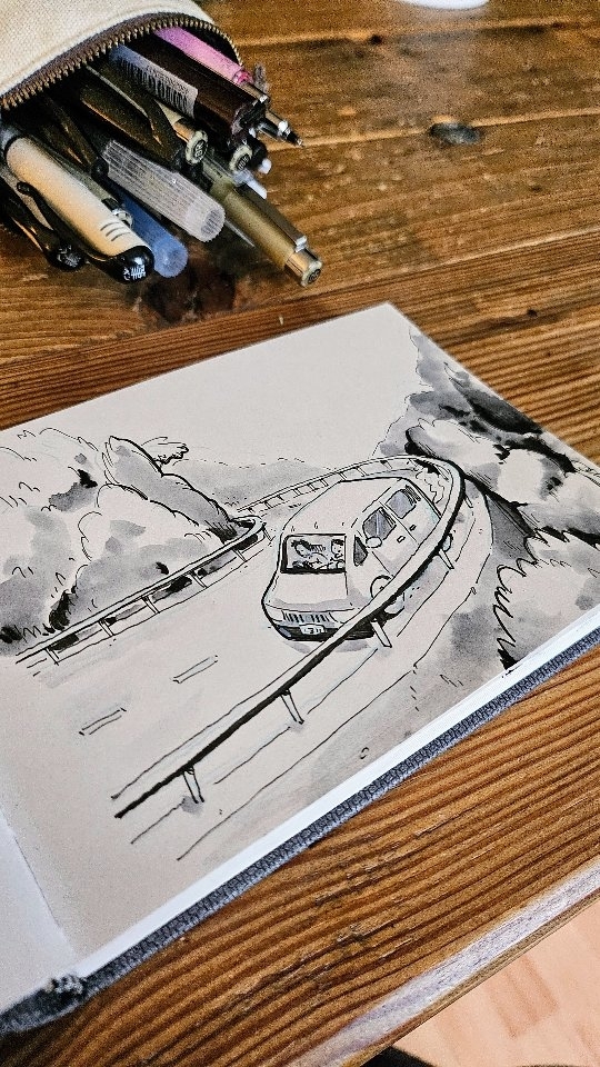 Inktober No. 2: DISCOVER
We're embarking on a three-week camping adventure through Tohoku soon (Northern Honshu, Japan's largest island)! 🇯🇵🏔️ I'm also taking on the "Inktober" challenge, where I'll create a daily drawing based on an official prompt list! 🎨✍️ @inktober
I'm not particularly skilled at drawing scenery or cars, but I'll give it a try today! In Japan, they drive on the left side of the road, which is unfamiliar to us Germans. However, I trust my husband to handle it! I can't wait to explore the countryside by car for the first time!
#Inktober #Inktober2024 #Inktober2024Discover #Inktober52 #InktoberDiscover #InktoberChallenge