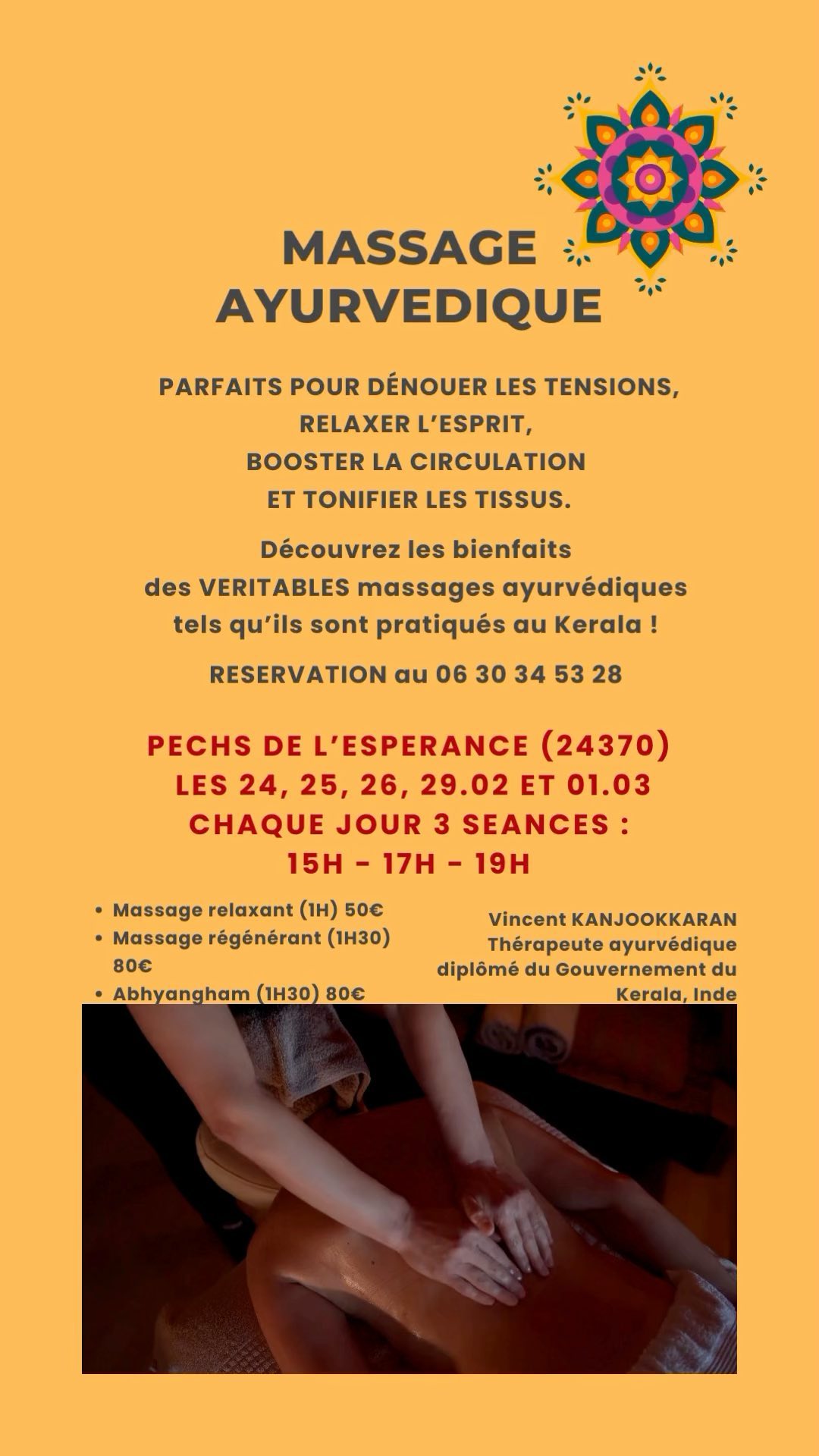 Découvrez les bienfaits des véritables massages ayurvédiques ! Vincent Kanjookkaran, thérapeute ayurvédique keralais sera aux Pechs de l’espérance du 24.02 au 01.03
Réservez vite votre séance !
infos et réservation au 06 30 34 53 28
#ayurveda #ayurvedadordogne #massageayurvedique #abhyangam #dinacharya #massagebienetre #massageregenerant #massagerelaxant #pechsdelesperance