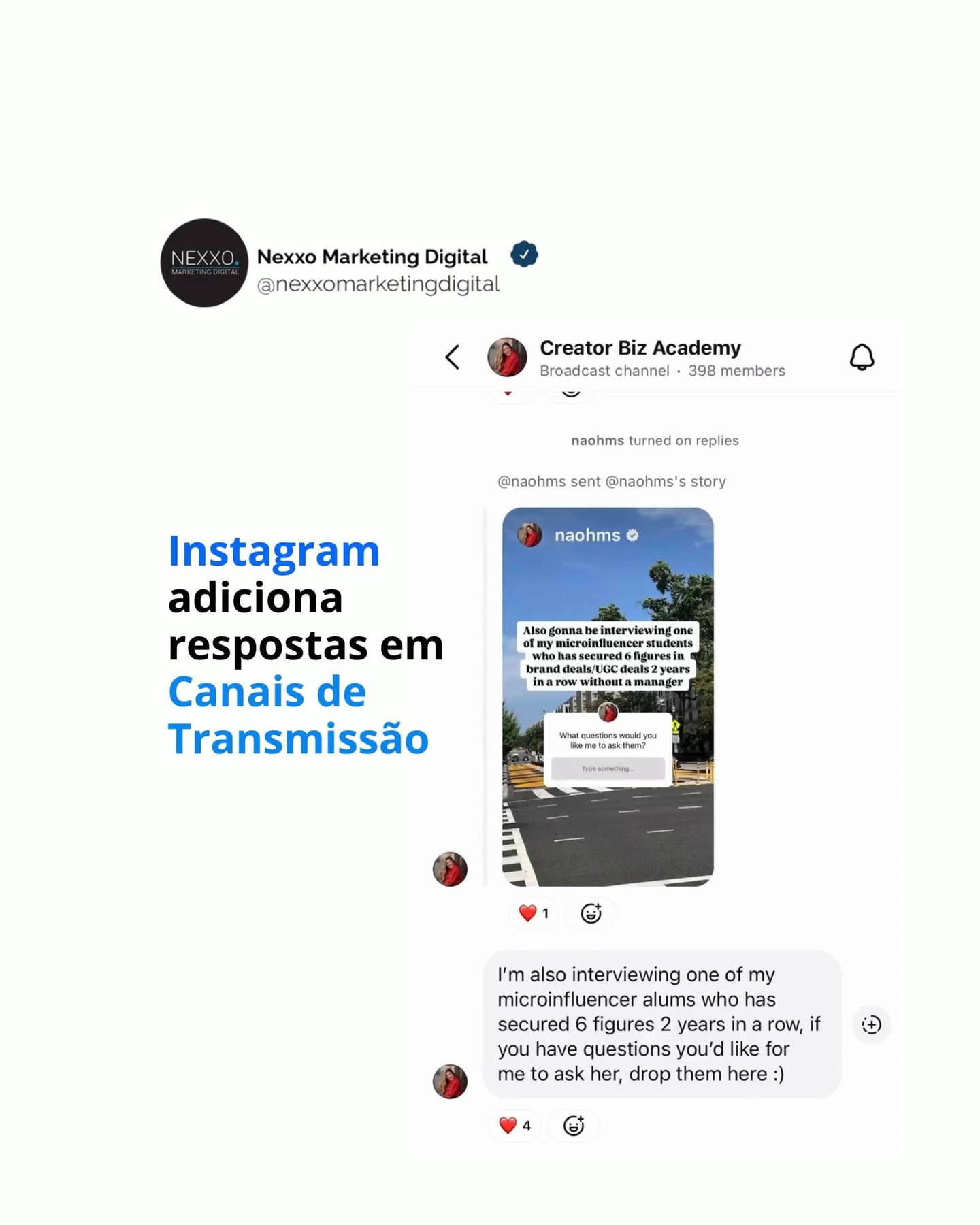 Como você pode ver neste exemplo, postado por Allie Mason, alguns criadores de Canal de Transmissão agora têm a opção de ativar as respostas em seu canal, o que significa que os assinantes podem adicionar seus próprios comentários diretamente no canal.
Mais uma forma para marcas e influenciadores manterem seus fãs informados por meio das DMs do IG.
Não é exatamente como um chat em grupo, é mais uma área de discussão temática para os fãs, baseada em cada anúncio e post no canal, enquanto o canal principal se mantém focado na transmissão.
Faz sentido?
Sim, pode parecer um pouco estranho à primeira vista, mas na verdade é uma extensão lógica do formato, proporcionando uma nova forma de os fãs interagirem sobre atualizações e elementos específicos, tudo partindo do próprio canal de transmissão, para que você não precise ir para outro fórum em grupo para discutir.
E como foi mencionado, o Instagram está vendo muito mais engajamento nas DMs do que no feed principal atualmente, e busca uma forma de manter essa conexão na rede social, já que o feed principal se torna mais um feed de transmissão com clipes recomendados por IA.
De fato, cerca de 50% do que os usuários veem no feed principal do IG hoje vem de recomendações de IA e não dos perfis ou pessoas que eles seguem.
O que é mais parecido com o TikTok do que com o propósito social fundamental dos aplicativos da Meta.
Mas a Meta também sabe que a conexão social e a manutenção desses vínculos com sua rede é seu diferencial chave, e, por isso, está tentando unir o melhor dos dois mundos, oferecendo um feed parecido com o TikTok como foco principal e um espaço social dentro das DMs.
É por isso que continua lançando novos elementos para Notas, enquanto também adicionou recentemente comentários nas Stories, como outra forma de incentivar a conversa em torno do conteúdo.
#socialmedia
Fonte: SOCIALMEDIATODAY