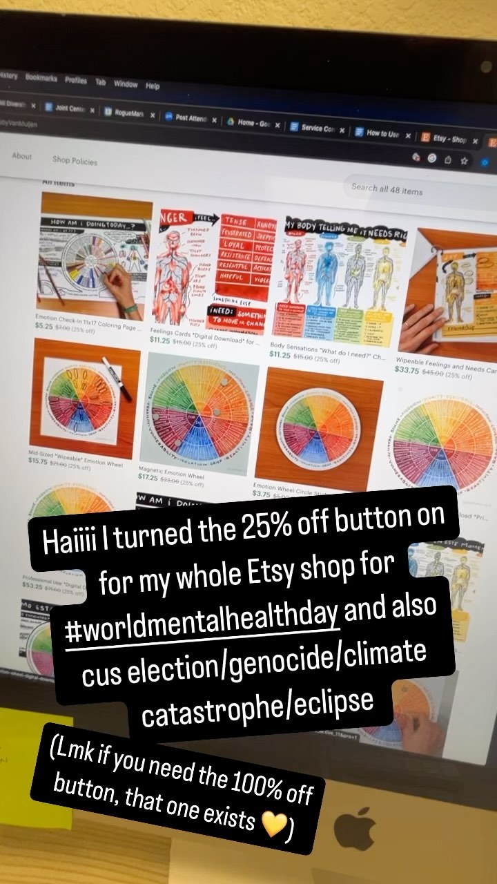 My Etsy shop has the 25% off button turned on this week for #worldmentalhealthday
Lmk if you need the 100% off button, that one exists 💛
#emotionwheel #mentalhealth #mentalhealthawareness