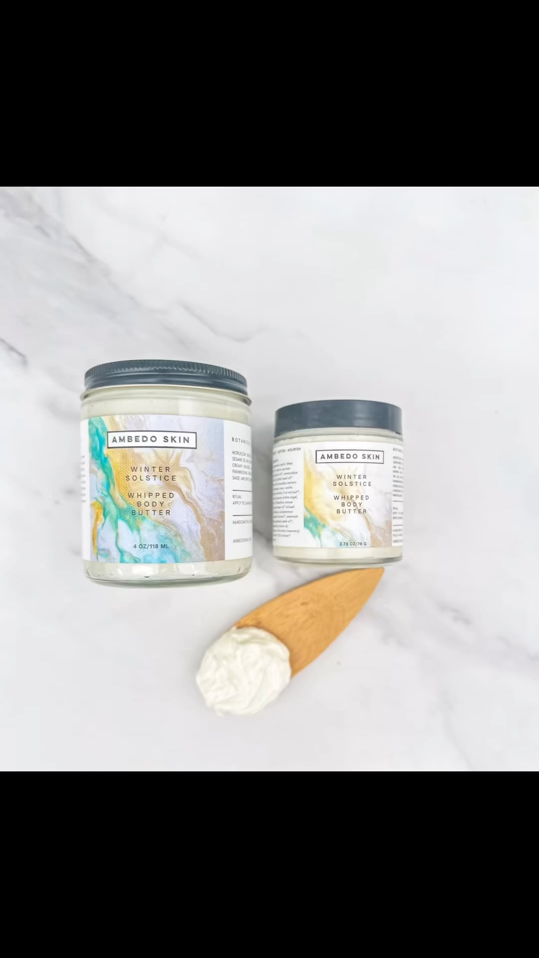 Winter solstice is the day of the year when the Northern Hemisphere experiences the shortest amount of daylight and the longest night. Taking cues from nature, winter is a time of stillness and reflection. Honoring winter, we nurture the soul and restore our energy for the spring.
This dreamy body butter will help skin better navigate the cold. Moroccan argan oil, jojoba, sunflower seed oil, sesame oil and shea butter are gently whipped into a creamy mousse. Oils are infused with plant botanicals of sacred frankincense resin, sweet vanilla, herbaceous white sage, and spicy cardamom to nourish and protect skin. These botanicals harmoniously blend together to create a soothing and grounding fragrance that envelops the senses, inducing feelings of comfort, relaxation, and tranquility.