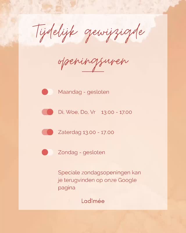 📢 Let op: Tijdelijk gewijzigde openingstijden!
Onze winkel is voorlopig gesloten op maandag en zondag.
🕒 Nieuwe openingstijden:
Dinsdag t/m zaterdag: 13:00 – 17:00
📍 Voor speciale openingen of afwijkende tijden: check ons op Google!
Bedankt voor jullie begrip en tot snel! 💛
#Openingstijden #Winkelupdate #ShopLocal #LetOp
#ladimee