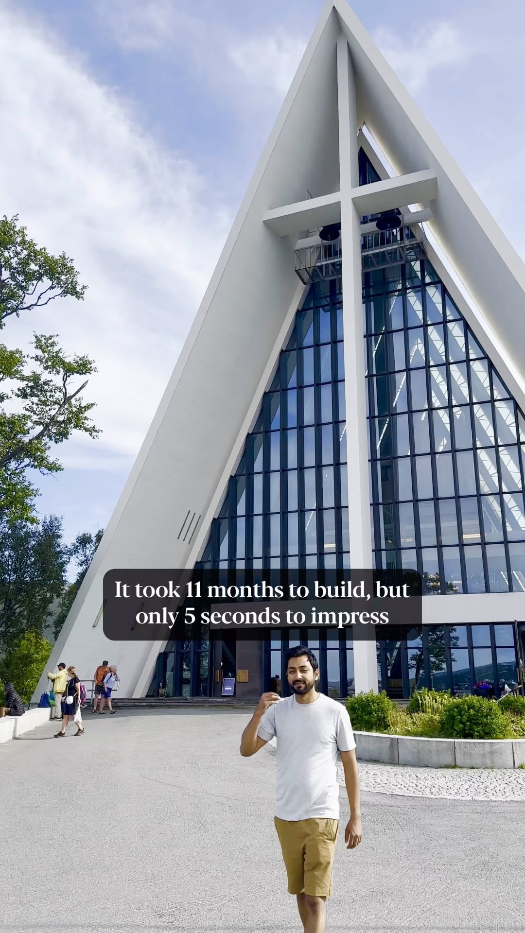 📍Arctic Cathedral in Tromso is small and modern, architecture that mirrors the arctic landscape, inspired by icy peaks and built to shine under the Northern Lights #adventure #travel #norway #church #tromsø #cathedrals #arctic #landscape
