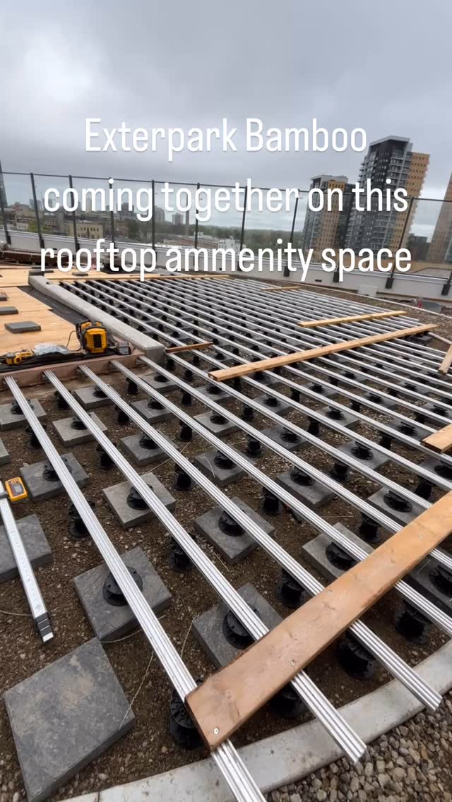 Stay tuned for finished pics of this amazing amenity space on the 4th floor condo building roof. Exterpark Bamboo decking to complement a running track and turf for summer activities in the city. #rooftop #roofterrace @monumentstructuresinc