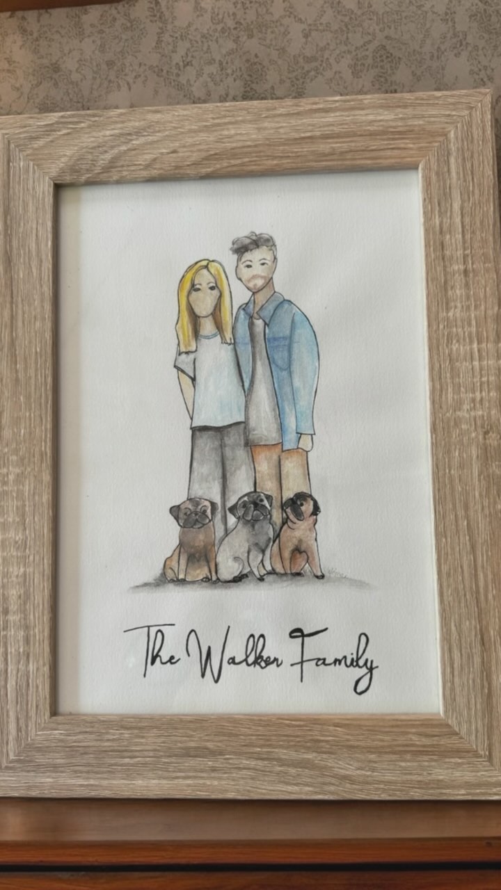 So PUGGING cute!
Capturing love and wagging tails
Here’s how I brought this fun watercolour family portrait to life, complete with adorable pugs. 🐾❤️
#Watercolourart #FamilyPortrait #PugLove