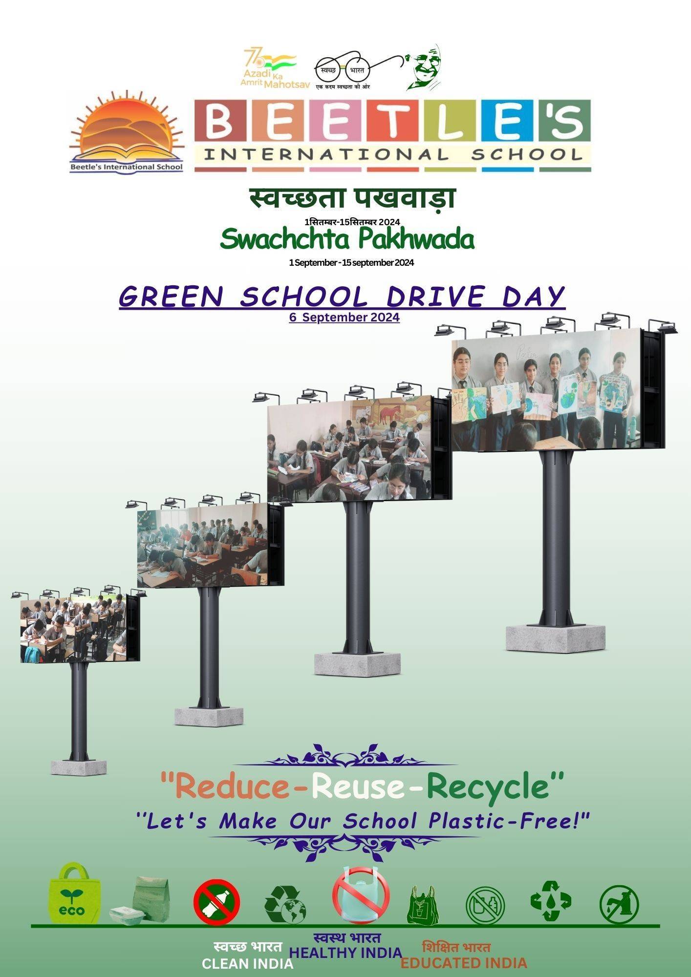 Say No to Plastic, Yes to a Greener Tomorrow!"
"Join the Green School Drive: Let's Craft a Cleaner Tomorrow
ππ± Green School Drive Day was a huge success! As part of Swachchtta Pakhwada, our students unleashed their creativity with powerful slogans and vibrant posters on themes like water conservation, eliminating single-use plastic, and preserving our planet. ππ§
Their passion for a cleaner, greener future shone through every artwork, reminding us all that change begins with us. Let's continue to take steps towards sustainability, one action at a time! β»οΈβ¨
#GreenSchoolDrive #jaipueschools #CBSE #SwachchttaPakhwada #EcoWarriors #Sustainability #WaterConservation #PlasticFreeFuture #YouthForChange #SaveOurPlanet