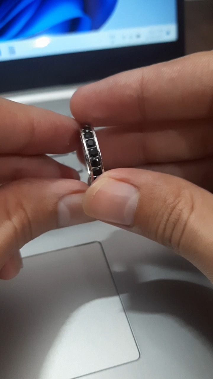 Black Spinel Round Wedding Eternity Band Sterling Silver 925 With Rhodium Plated.