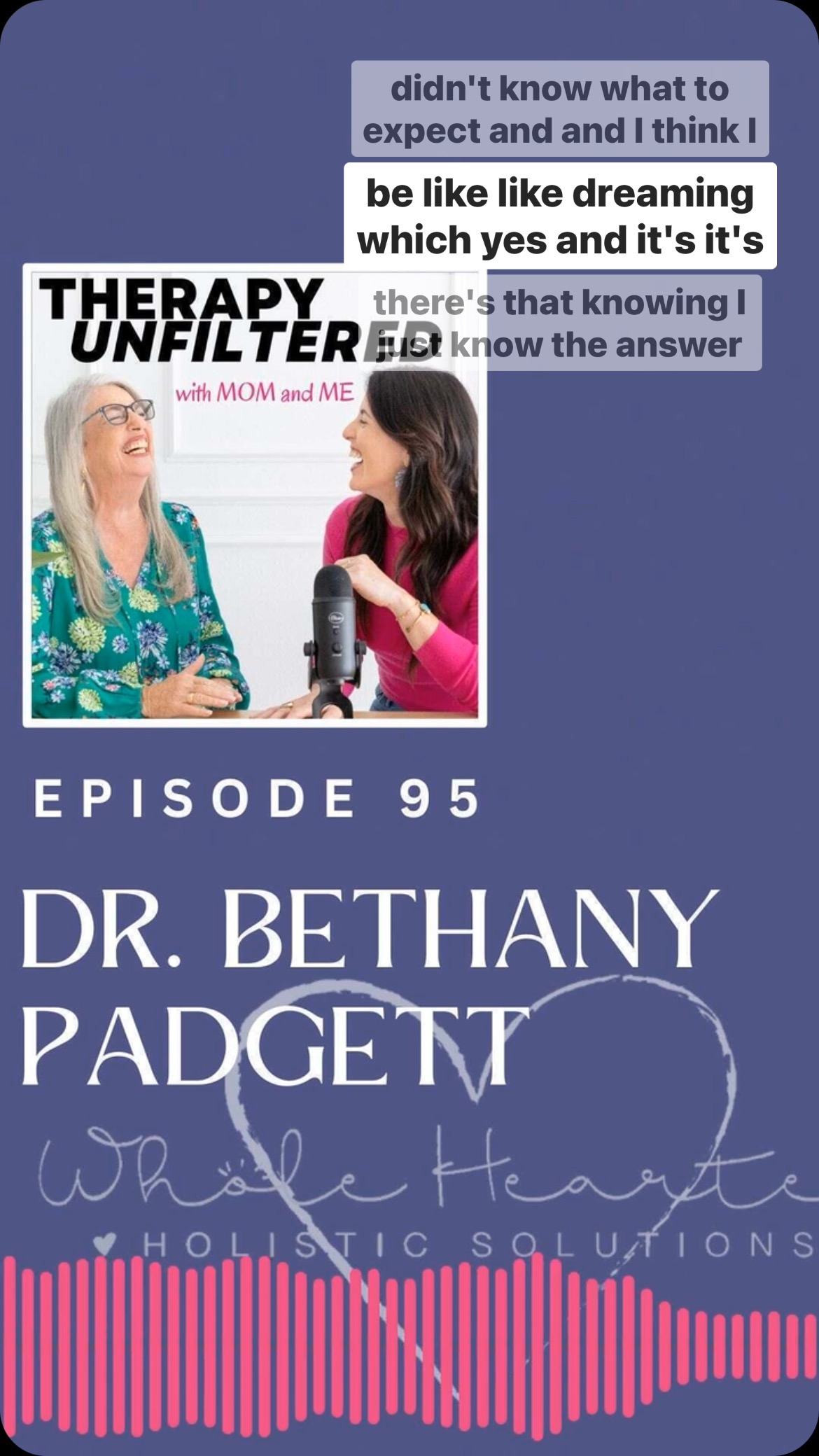 🎙️Welcome Dr. Bethany Padgett of Whole Hearted Holistic Solutions to Therapy Unfiltered with Mom & Me! @drbethanypadgett is a healer through the ages with several past lives serving others with ancient medicines and learning from masters. Dr. Bethany offers a mind, body, and spirit approach with a passion to heal the brain (ADD, Autism, Concussions, TBIs) through nutrition, supplements and spiritual mindfulness. She is a Ph.D. in Natural Health and Nutrition, a Doctor of Naturopathy, Soul Coach, Dr. Amen Licensed Brain Trainer and Functional Blood Chemistry Analyst.
✨ Tune into Episode 95 of the @therapyunfilteredpodcast on your favorite podcast platform to hear her past-life regressions stories and experience! Dr. Bethany has offered our listeners a 25% discount on her “Mind, Body & Spirit Package.” This package includes a 90-minute consultation; where the client completes questionnaires to evaluate the mind, a Functional Blood Chemistry Analysis to evaluate the body and a special message channeled from Spirit. I will develop a unique individualized nutritional plan and an individualized supplement recommendation to meet the needs of your mind and body.
Go to www.wholeheartedlyyours.org to learn more!
If you are curious about healing through Past-Life Regression Therapy and want to experience it yourself, then join us in Costa Rica this May on a luxurious, all-inclusive @souljourneysretreats at @imiloa.institute 5-star retreat center!
Check out SoulJourneysRetreats.com for all the details, or type “PAST LIFE” in the comments below and we’ll DM so you can get all the bonuses when you sign up for retreat!
Happy healing friends!
