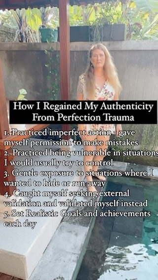 Let’s take off this mask of perfectionism together and stop trading our Authenticity for Perfection!
For me, this pattern was so deeply woven into my psyche, that I truly believed it was part of my character, my personality!
Perfectionism held me in a prison of fear, panic attacks and anxiety for most of my life!
Having to constantly find ways to feel safe as a child, I thought if I got
everything ‘perfect’ or everything ‘right’
(fit in with the needs and moods of my caregivers)
I was then good enough to receive love, I was worthy of love.
Taking this into adult life made me feel so inept and uncomfortable in any social situation!
It was beyond painful and exhausting as I just had no idea how to be in my own energy, to feel safe in my own energy, especially around other people!
I would always
❌Try to control other people’s perception of me and if I wasn’t completely charming, popular or important in their eyes meant I was a failure, I wasn’t enough!
❌ Put all this pressure on myself to behave in certain ways or achieve certain tasks in time frames that were so unrealistic!
❌ Berate myself endlessly for the actions and behaviours of others - If they didn’t like me it was my fault!
But once I realised that perfectionism is an adaptation from a traumatic event/s
and
that other people’s actions and behaviours actually have nothing to do with me, I could separate that pattern from my authenticity, my real self! I was free!
What has helped you to let go of perfectionism?