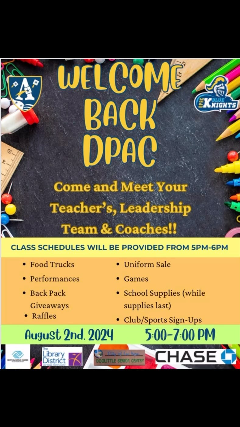 Just Know!!!!! Tonight!!! New and Returning Families Join Us For Our First Event Of The School Year!!! “Welcome Back DPAC” August 2nd From 5-7 pm!!!