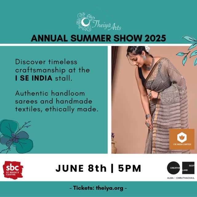🤩So thrilled to announce that @iseindialimited will be joining the Theiyā Arts Annual Summer Show bringing their gorgeous craft to @st_brides_centre
🥻I SE INDIA specialises in authentic handloom sarees and handmade textile products, sourced directly from artisan communities in India. Their mission is to celebrate craftsmanship, preserve traditional weaving techniques, and bring ethically made fashion to a wider audience.
🪷 Make sure to visit their stall!
❣️Tickets are selling fast! Only a few more left, make sure to book yours via our website (theiya.org) or following the LINK IN BIO.
#theiyaarts #indiandanceinscotland #whatsonedinburgh #edinburghperformance #dance #southasiandance #saree #sareelove #sareefashion #craft #ethical #ethicalcraftsmanship #ethicalfashion #ethicalfashionindia #colour #fabric #pattern
