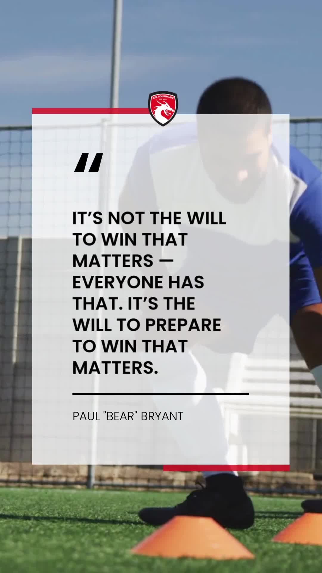 Everyone wants to win — but it’s the ones who put in the work that make it happen. 💥
"It’s not the will to win that matters — everyone has that. It’s the will to prepare to win that matters." – Paul "Bear" Bryant
#afcsouthgate #northlondonfootball #footballquotes #inspiration #kidsfootball #afcdevelopment