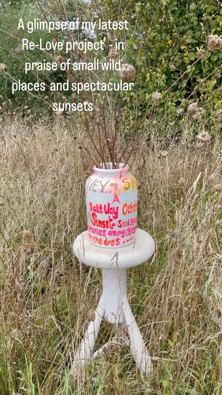 Wild places do not have to be far away!. A 3000 year track record is on our doorstep and I have been Savouring the Journey - feeling the spectacular sunsets of autumn on the Salt Way. Seed scattering on the ancient trails, planting memories among the Birdsnest and Downey Woundwort … and that’s just the dogs…. #upcyle #acrylic, #ink, #gold #sgraffiato on #saltglazed #stoneware crock - #reloved #19thcentury tech made gorgeous.