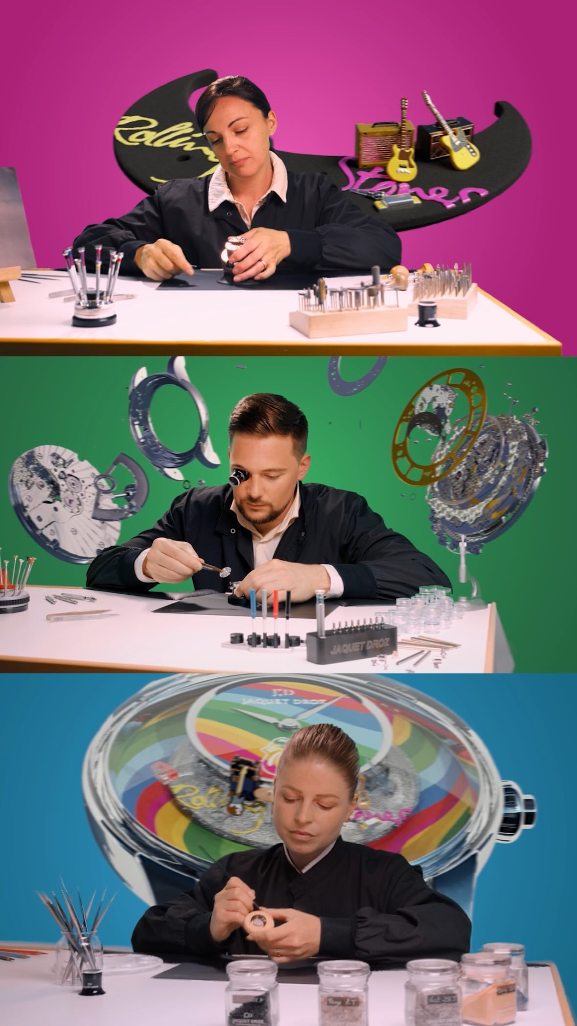 Fond vert / 3D / réalisation d’une scène circulaire 180 degrés pour Only Watch 2023. Deux jours intensifs à la manufacture de Jacquet Droz #watches #beforeandafter #onlywatch #igreels #jaquetdroz #filmmaker #fondvert