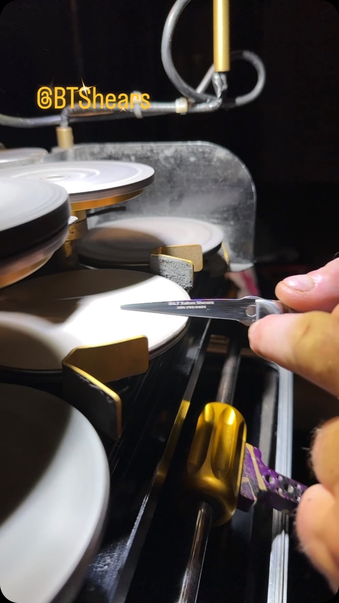 This is how we do it! From start to finish, we take great care of your tools. Top of the line sharpening machine (we are contracted with surgeons even!) Master Sharpener of over 25 years. Your shears are as new when we place them back in your hand! #btshears #mastersharpener #japanesesteel #professionalstylist #hairsalon #VG10 #440C