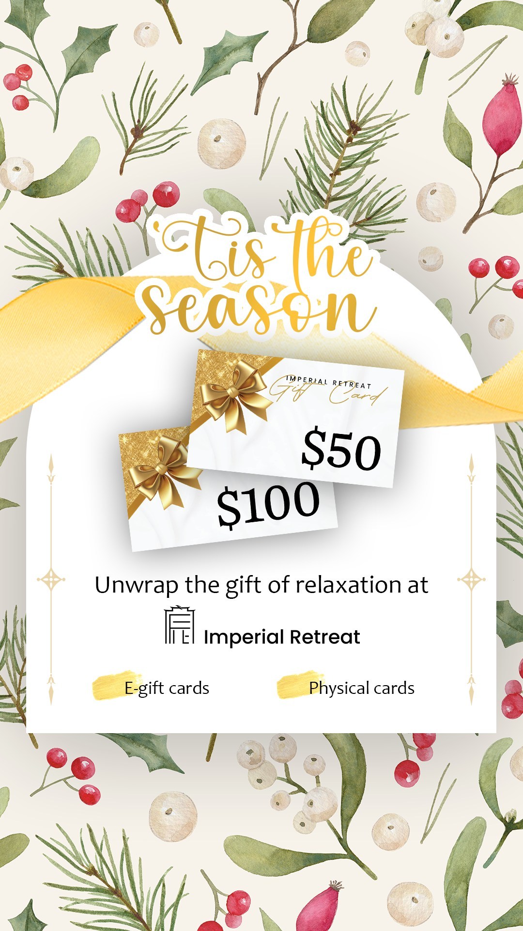 🎁 Holiday Pampering Awaits 🎁
This Christmas, gift a $50 or $100 Imperial Retreat card for the ultimate relaxation experience. 🌲
Contact us now for more details!
☎647-800-0600
📧Booking@imperialretreat.com
#ChristmasGift #ImperialRetreat #Relaxation #TorontoSpa #HolidayTreat #todotoronto #WellnessJourney #wellness #wellnesstoronto #holidayseason #HolidayPampering #spatoronto #christmasgifts #christmas2024 #christmastoronto #spagiftcards #selfcare #headspa